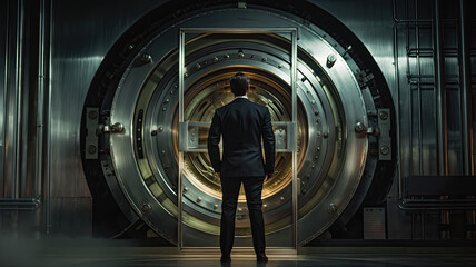 The banker stands in front of the iron door of the vault. Bank vault room. High level locking mechanism.
