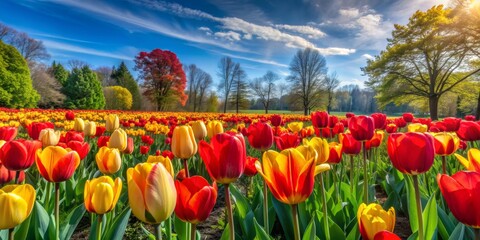 Sunlit Tulips in a Spring Garden, Landscape, Flower Field, Nature, Springtime