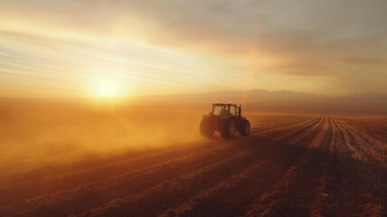 Fototapeta premium Tractor drives across large field making special beds for sowing seeds into purified soil. Agricultural vehicle works at sunset in countryside. Generative AI