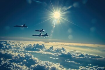 Three Fighter Jets Flying Over Clouds