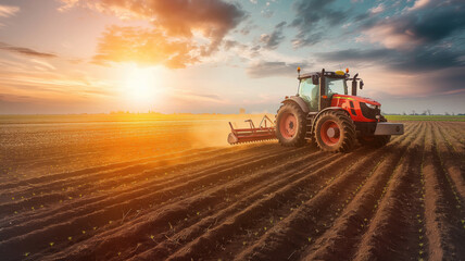 Tractor drives across large field making special beds for sowing seeds into purified soil. Agricultural vehicle works at sunset in countryside. Generative AI