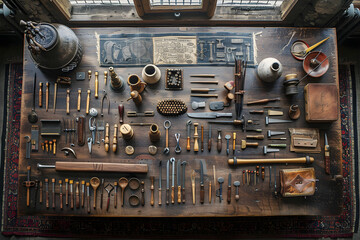 workshop filled with a shoe rack full of shoemaking tools