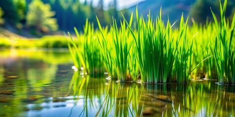 Obraz premium Water Reflection of Lush Green Grass, nature , reflection , photography , green