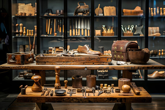 workshop filled with a shoe rack full of shoemaking tools