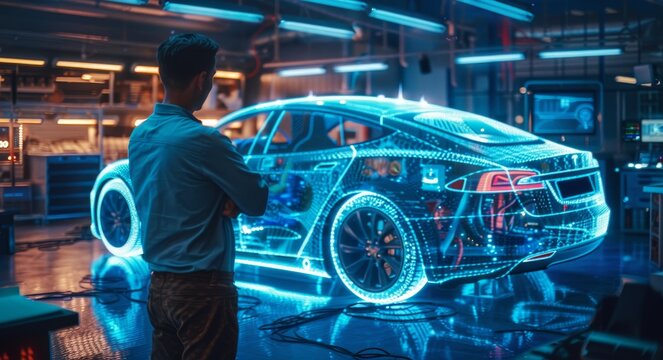 Engineer designing a hologram of an electric car in a futuristic tech lab - Powered by Adobe