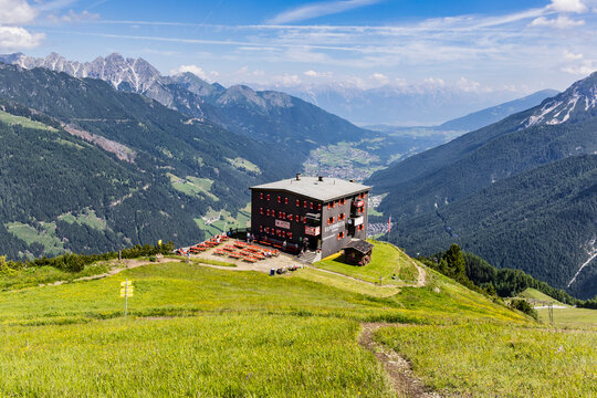 Stubai Valley, Innsbruck-Land, Tyrol, Austria, July 9, 2024: view of Elferhutte, alpine mountian wooden hut