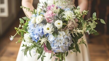 Wedding image featuring hydrangea and bell flower bouquet