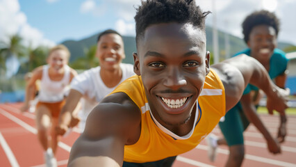 Fototapeta premium Group of diverse marathon athlete running a marathon on the track with smiling, showcasing their dedication, resilience, and the spirit of sportsmanship.