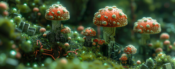 High Tech Cybernetic Mushrooms, Living Circuitry, Mycelium Network. Bio Engineering Technology, Future Science, Electronic Evolution. Environment, Ecology, E-Waste, Digital Nature, Hybrid Species