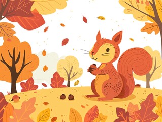 Cute squirrel with acorn in autumn forest