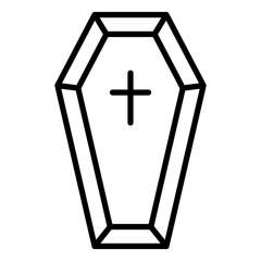 Obraz premium Black single coffin with cross line icon, simple death symbol element outline flat design pictogram, infographic vector for app logo web button ui ux interface isolated on white background