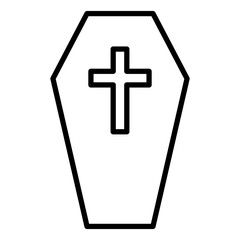 Black single coffin with cross line icon, simple death symbol element outline flat design pictogram, infographic vector for app logo web button ui ux interface isolated on white background