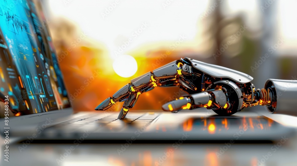 Poster robotic hand typing on a laptop keyboard with a bright, futuristic background, representing ai and t