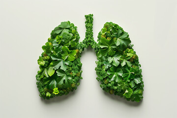 A pair of healthy lungs made from vibrant green leaves, symbolizing fresh air and nature.