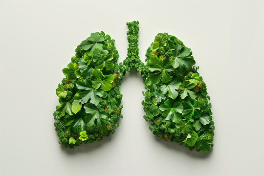 A pair of healthy lungs made from vibrant green leaves, symbolizing fresh air and nature.