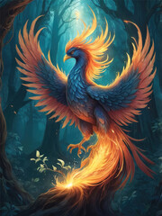 A phoenix perched on a mystical tree in an enchanted forest, its feathers glowing with an inner fire. Generative ai, Art & Illustration