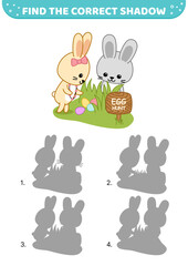 Find the correct shadow. Egg hunt. Bunnies is searching eggs. Shadow matching game. Cartoon, vector.