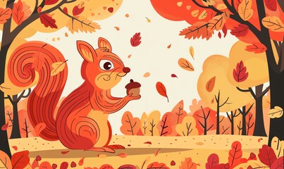 Cute squirrel with acorn in autumn forest
