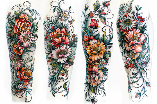 Sketch of modern minimalistic tattoo. a colored sketch of a sleeve tattoo featuring an intricate floral ornament design. The tattoo should wrap around the arm with vibrant flowers, delicate vines