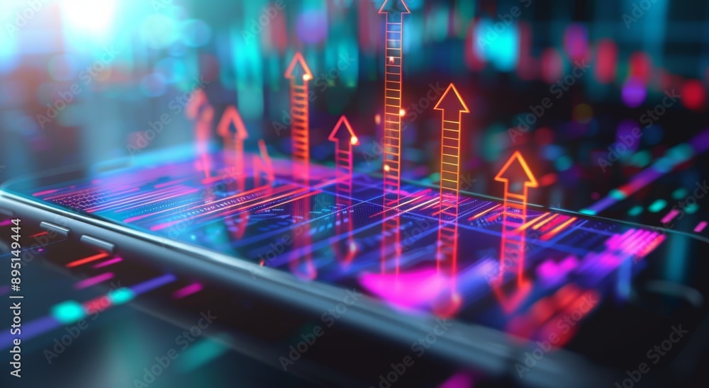 Poster vibrant digital financial growth depicted through rising graphs and data analytics on a virtual scre