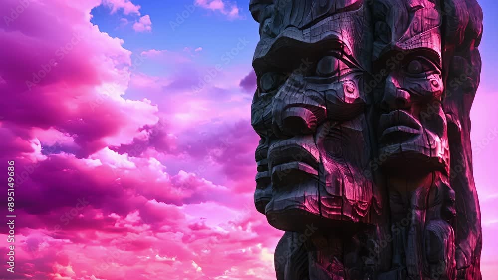 Poster a totem pole carved from dark gnarled wood featuring distorted almost grotesque figures that seem to