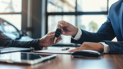 A car salesman or sales manager hands over car keys to a new owner explains and reads the terms of signing a car contract for the purchase to buy a brand-new luxury car and insurance. Close-up view.