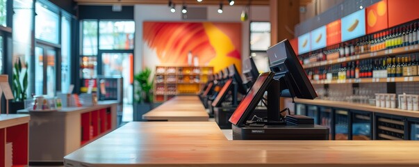 Modern checkout area in a wine boutique with sleek design and vibrant lighting