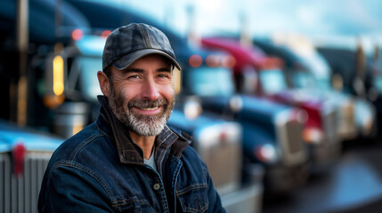 Portrait of middle age Caucasian male truck driver, standing in front of semi trucks at truck stop, copy space