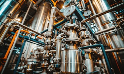 A complex system of pipes and valves in a factory setting. AI.