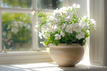 Fototapeta premium White Geraniums in a Sunny Window Sill
