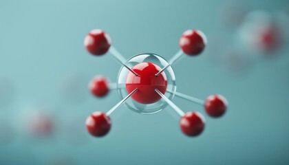 Abstract 3D rendering of a molecule with red atoms and silver bonds.