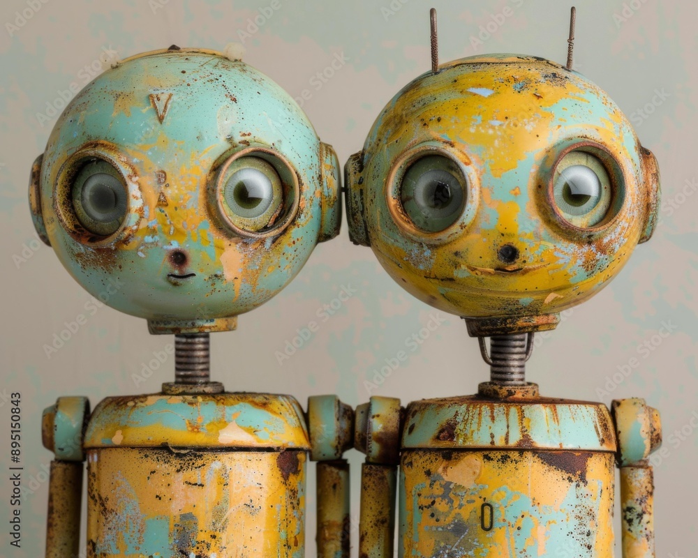 Poster two rusty robots with big eyes stand side by side. ai.