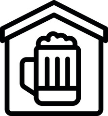 Black and white icon of a beer mug placed inside a house, representing pub culture, home delivery, and the enjoyment of beer