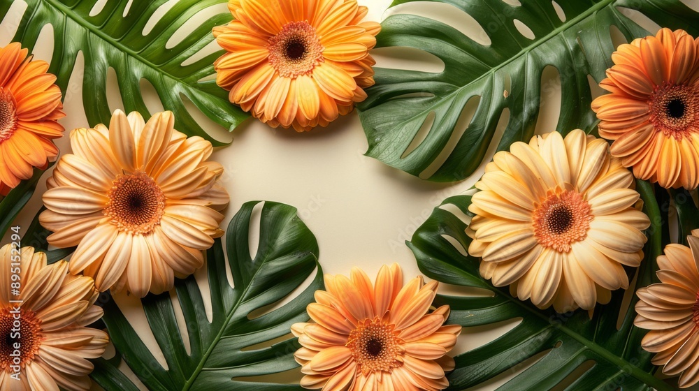 Wall mural A floral arrangement with orange flowers and green leaves. AI.