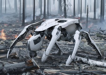 Obraz premium A white robotic creature walks through a forest after a fire. AI.