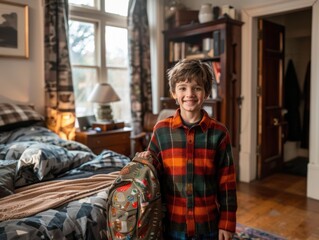 Obraz premium A young boy in a plaid shirt smiles while holding a backpack. AI.