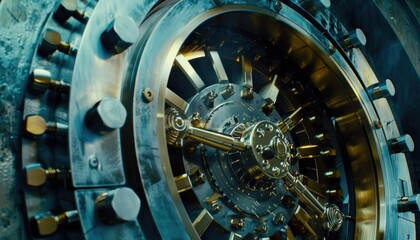 A close-up of a complex metal mechanism. AI.