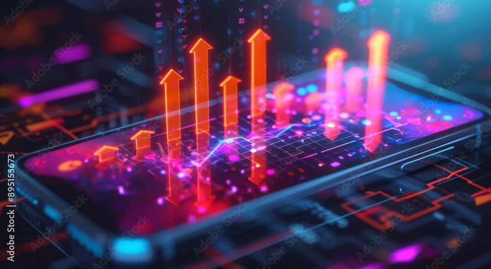 Poster vibrant digital financial growth depicted through rising graphs and data analytics on a virtual scre