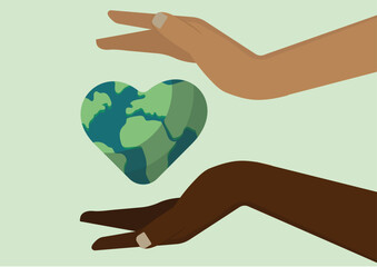 Two diverse hands hold a heart-shaped Earth, Representing unity and care for our planet. Unity, Diversity, Global Cooperation Concept