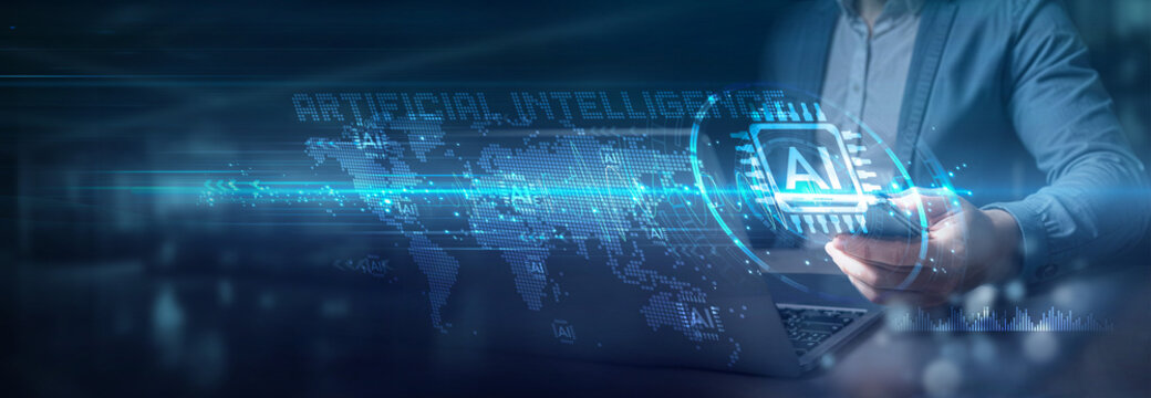 Businessman using laptop and mobile on global network connection of artificial intelligence (AI), enhancing productivity and efficiency, Globalization driven by advanced technology.