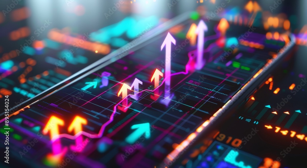 Poster detailed illustration displaying dynamic stock market graphs with upward trending arrows and data an