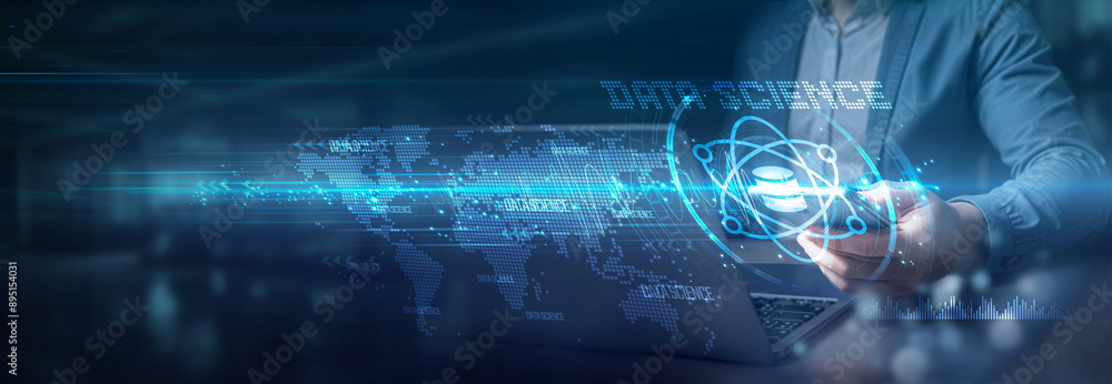 Poster businessman using laptop and mobile on global network connection of data science insights, analyzing