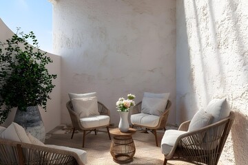 White Wall Patio With Woven Chairs and Flowers