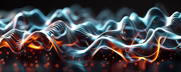 Abstract digital art with flowing, glowing lines in blue and orange.