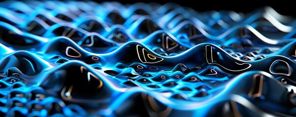 Abstract blue and black 3D rendering of flowing waves.