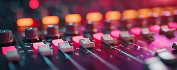 Close-up of a sound mixer with faders and knobs in a vibrant pink and orange light.