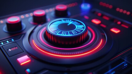 Close-up of a music production console with glowing buttons and knobs under neon lights.