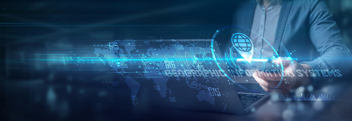 Businessman using laptop and mobile on global network connection of geographic information systems (GIS), data mapping integration, Globalization impact and location intelligence.