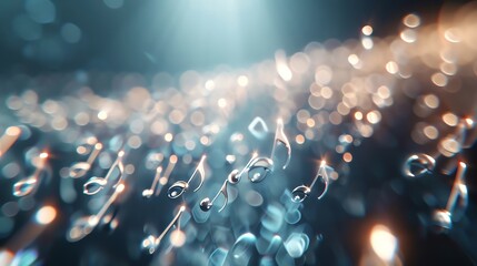 Abstract background with floating music notes and bokeh lights.