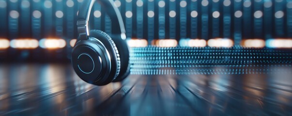 Close-up of headphones on a wooden surface with a blurred background of audio equipment.
